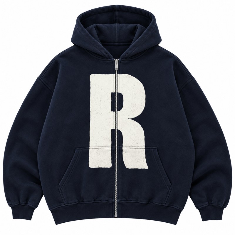 Navy zip hoodie with oversized cream R